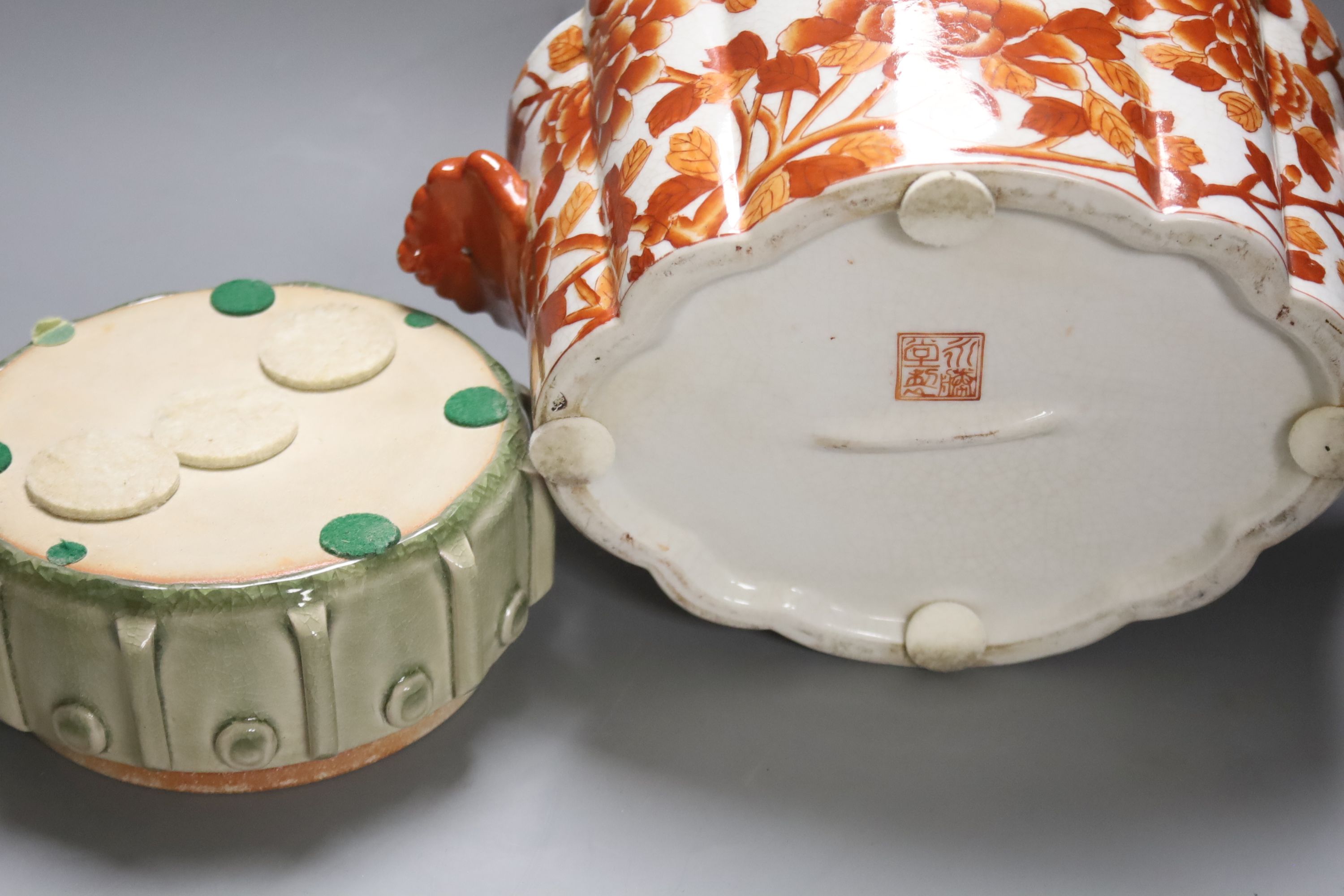 A Chinese cong-form celadon glazed table lamp, Guangxu mark and probably of the period (1875-1908), height 34cm excluding light fitting (drilled) a celadon glazed box and cover and an oval two-handled jardinière